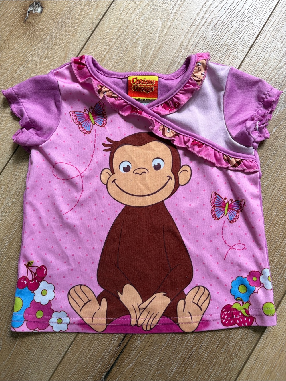 Vintage Y2K Curious George PJ Shirt Pink Short Sleeve Size 2T Girls Toddler